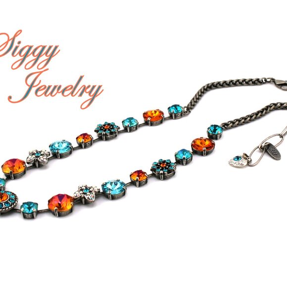 Fiamma Vita Austrian Crystal Flower Necklace Orange and Teal, Antique silver - Picture 5 of 6